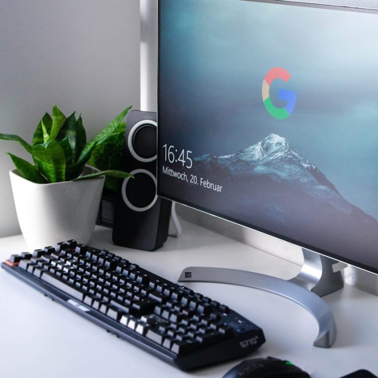 Bild von einem Arbeitsplatz-Setup mit Monitor, Tastatur und einer Pflanze